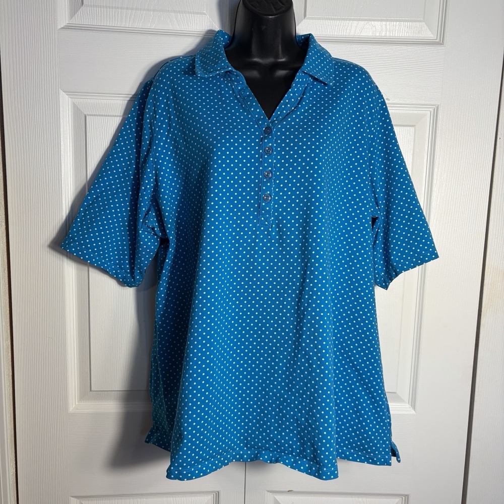 Susan Graver Polka Dot Shirt Women 3X Blue White Henley Polo Cotton Blend Top